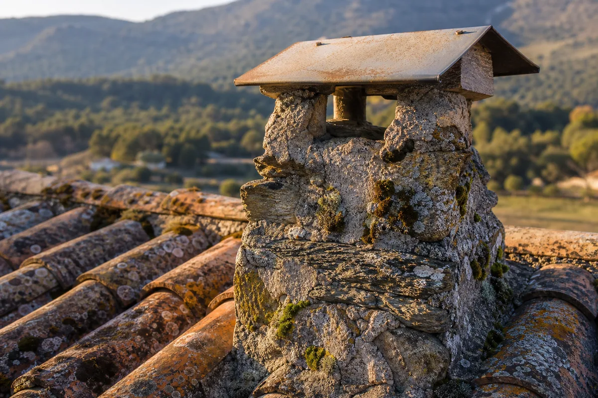 Conduit de cheminée en pierre sur un toit de tuiles romanes provençales, lumière rasante de fin d&rsquo;après-midi