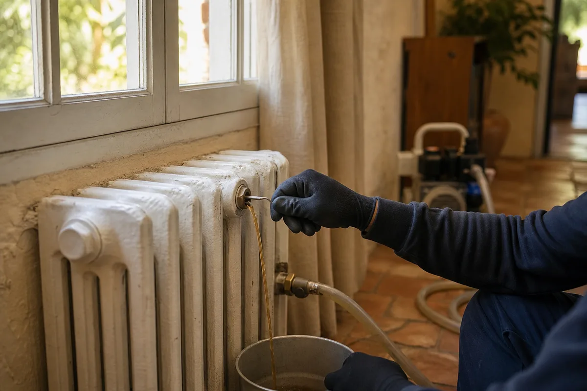 Radiateur en fonte et vanne thermostatique dans un intérieur provençal, mains gantées ouvrant le purgeur