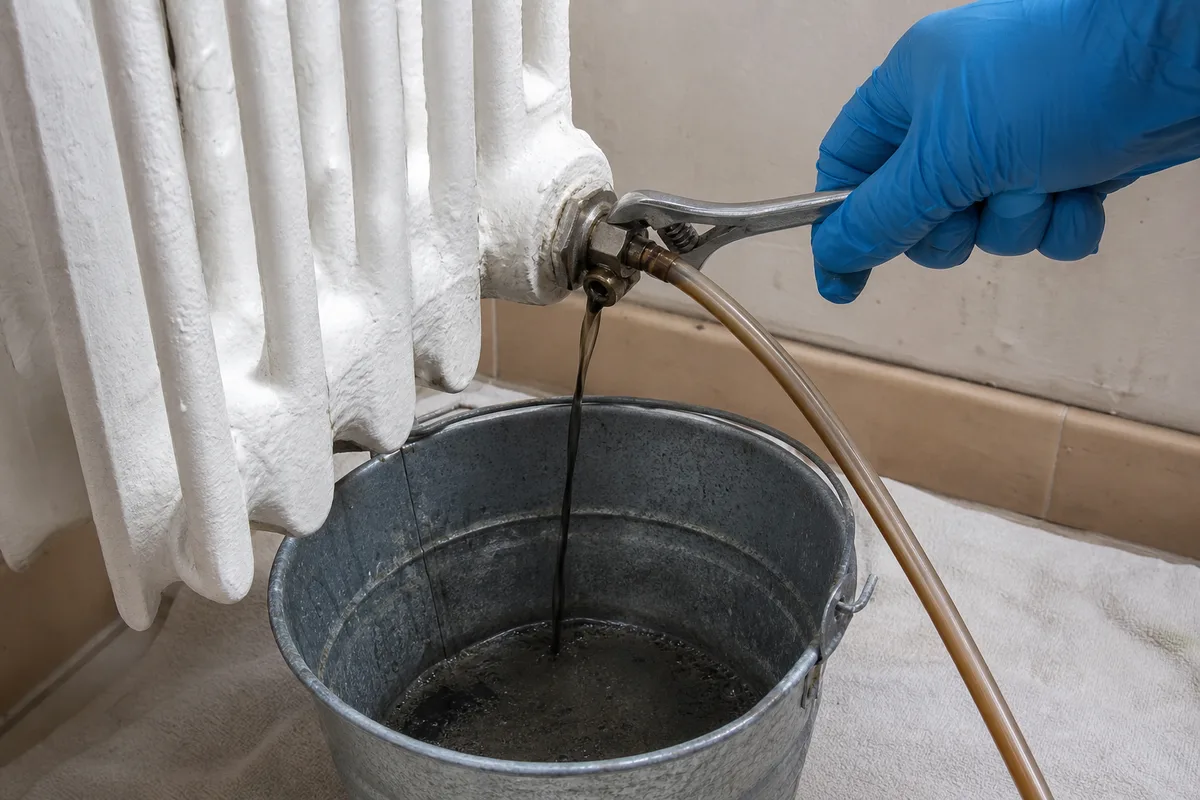 Radiateur en acier démonté dans un intérieur provençal, eau grise chargée de boues s&rsquo;écoulant dans un seau
