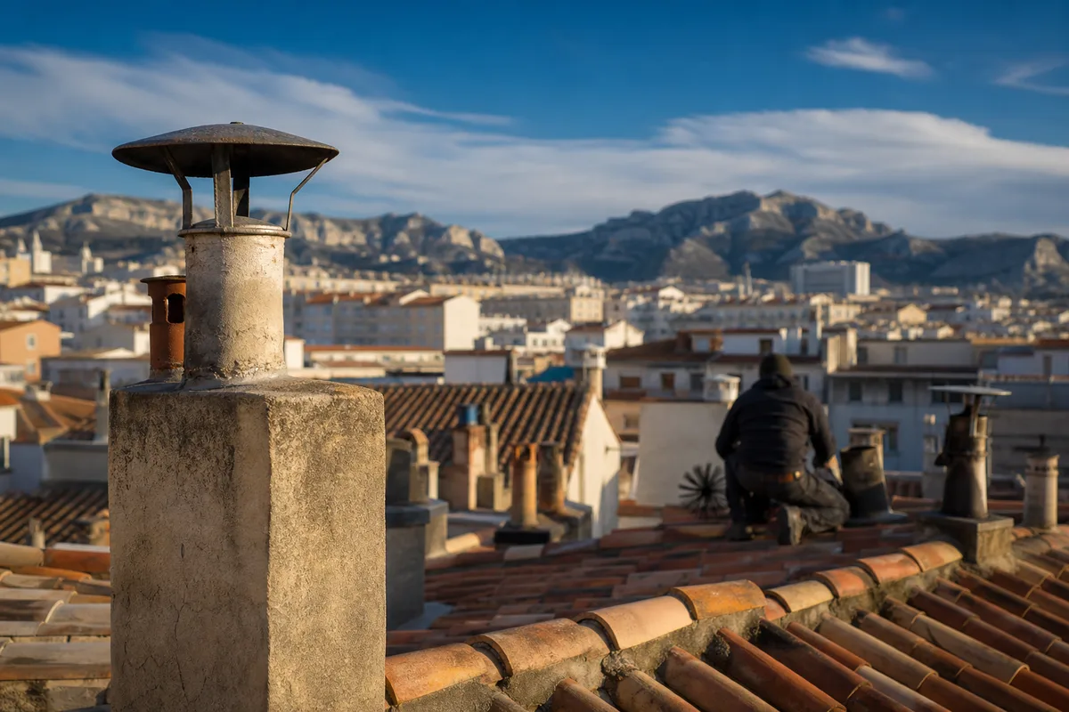 Toits de tuiles romanes marseillais avec souches de cheminée maçonnées, silhouette d&rsquo;un artisan de dos près d&rsquo;une sortie de conduit, lumière méditerranéenne rasante