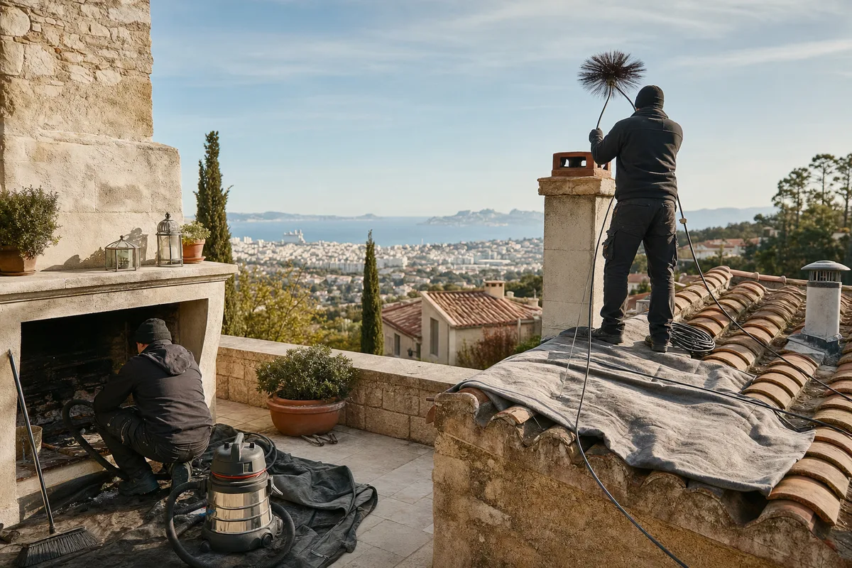 Ramoneur au travail sur une toiture provençale entre Aix-en-Provence et Marseille