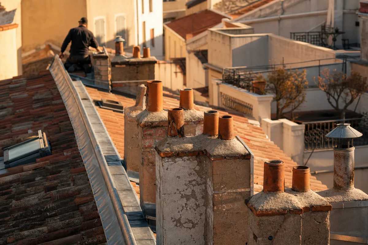 Alignement de souches de cheminée sur les toits de tuiles d&rsquo;un immeuble ancien, lumière méditerranéenne de fin d&rsquo;après-midi