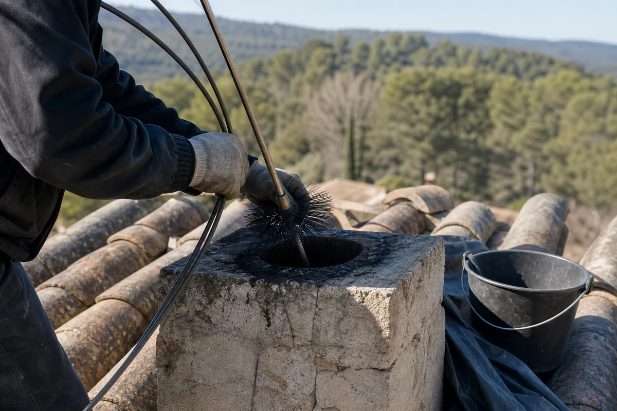Souche de cheminée en pierre sur un toit de tuiles romanes d&rsquo;une bastide aixoise