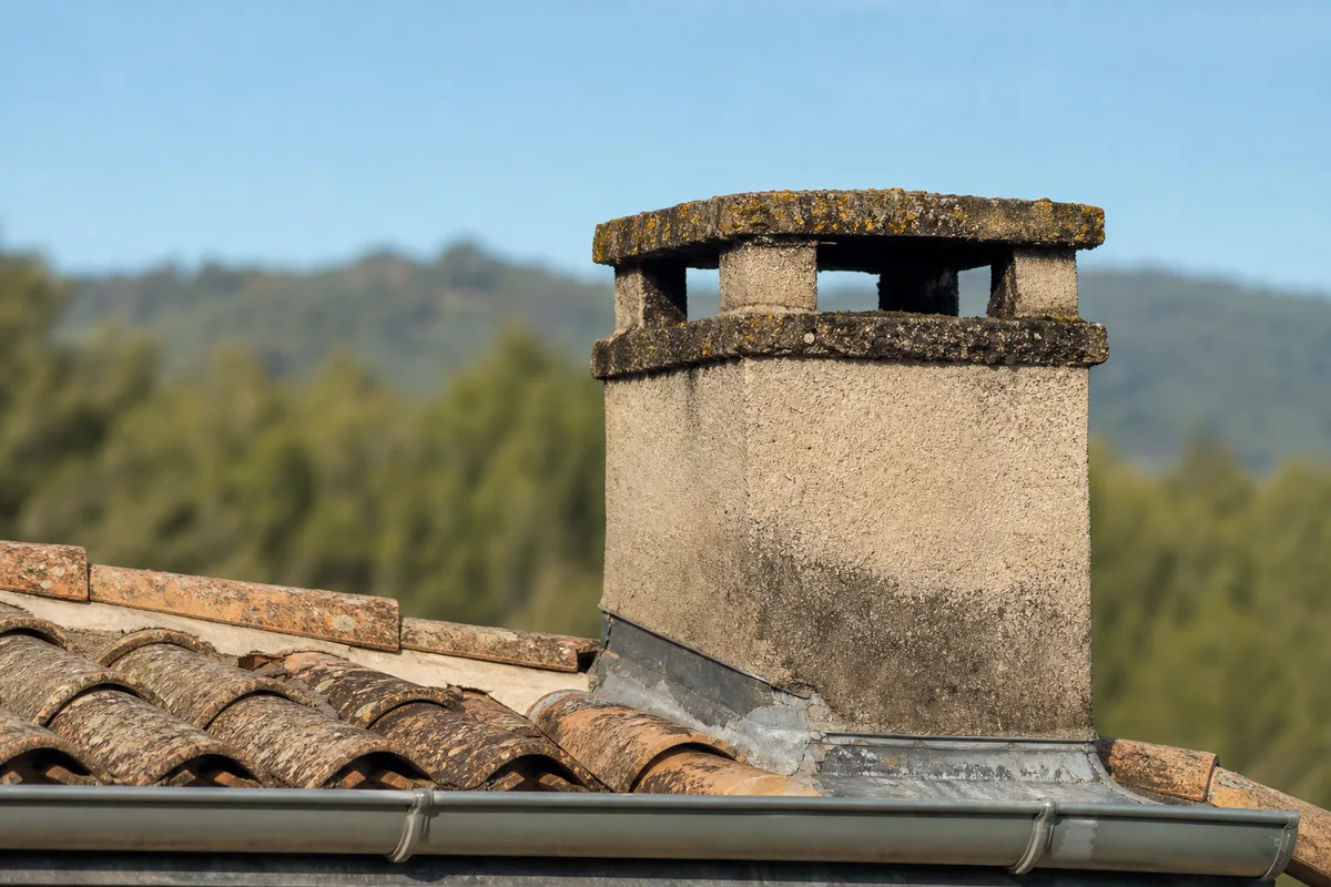 Toiture de tuiles romanes d&rsquo;un pavillon provençal et souche de cheminée maçonnée, pinède et collines en arrière-plan