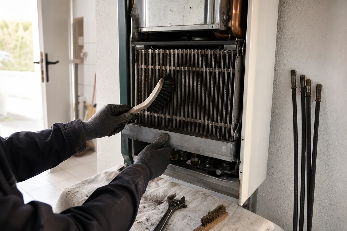 Mains gantées nettoyant le corps de chauffe d&rsquo;une chaudière murale au gaz dans le cellier d&rsquo;une maison provençale