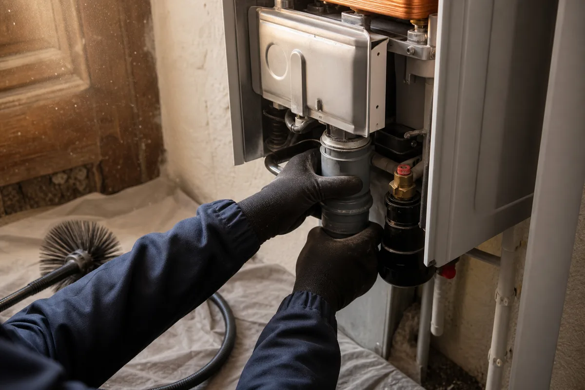 Mains d&rsquo;un technicien vérifiant le raccordement et le tirage d&rsquo;une chaudière gaz murale