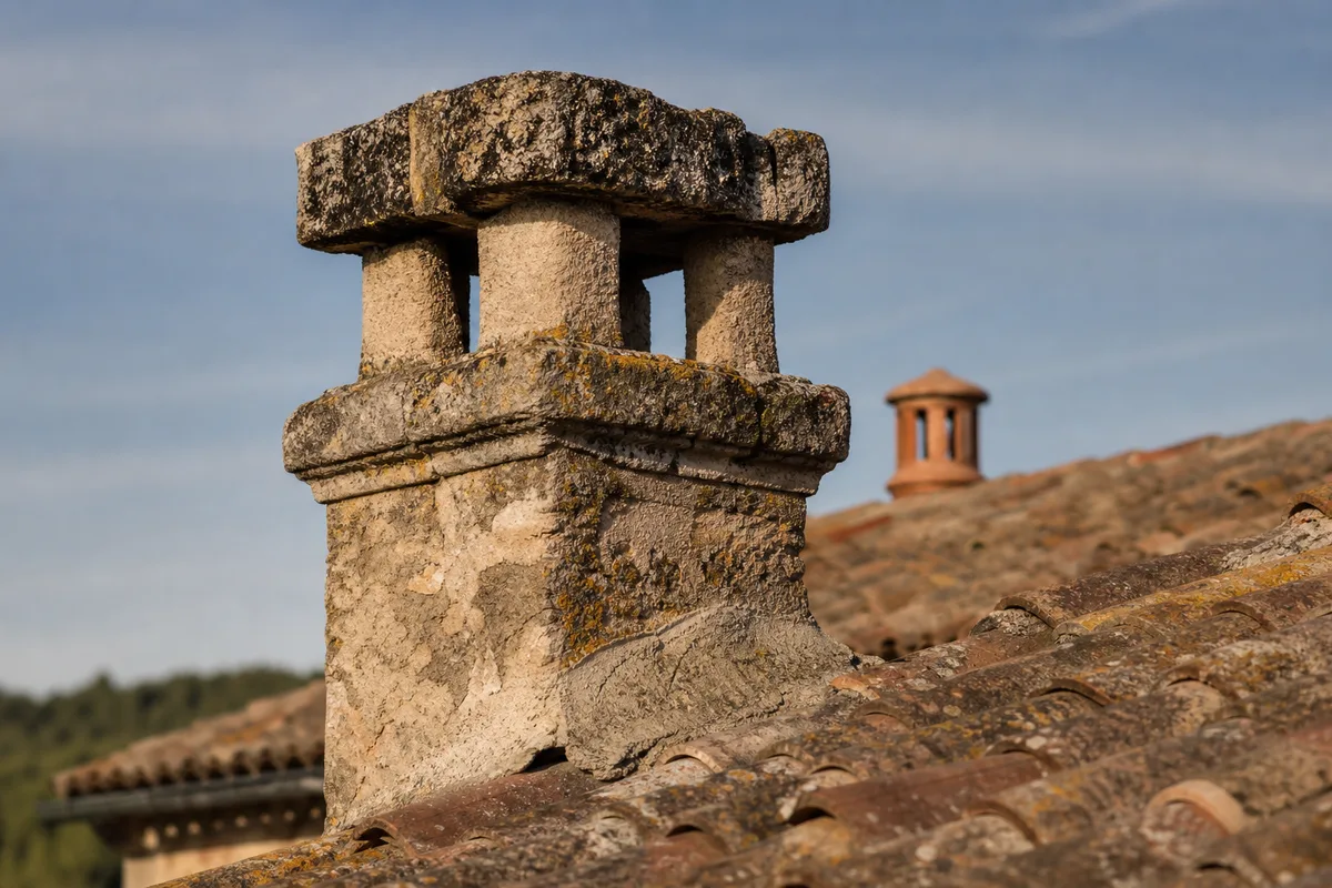 Souche de cheminée en pierre émergeant d&rsquo;un toit de tuiles romanes, collines provençales en arrière-plan sous une lumière rasante