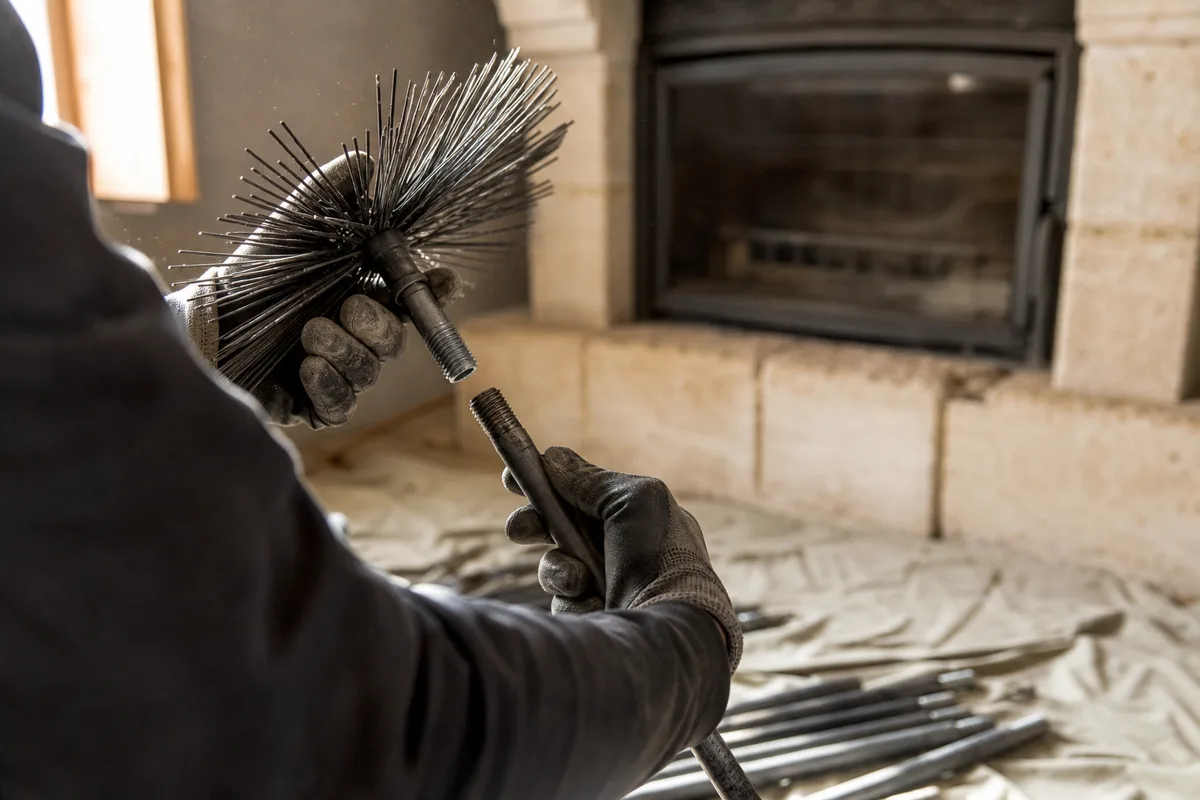 Tête de ramonage hérissée posée au pied d&rsquo;un insert, mains gantées d&rsquo;un artisan assemblant les cannes, intérieur provençal en pierre