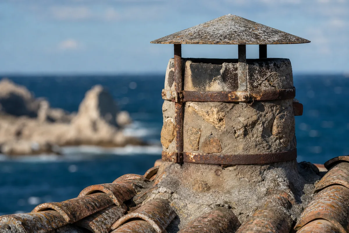 Souche de cheminée maçonnée sur un toit de tuiles romanes dominant la mer, front de mer marseillais en arrière-plan