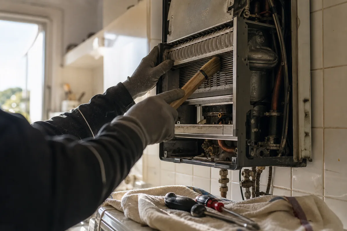 Mains gantées d&rsquo;un technicien contrôlant le corps de chauffe d&rsquo;une chaudière murale au gaz dans une cuisine ancienne