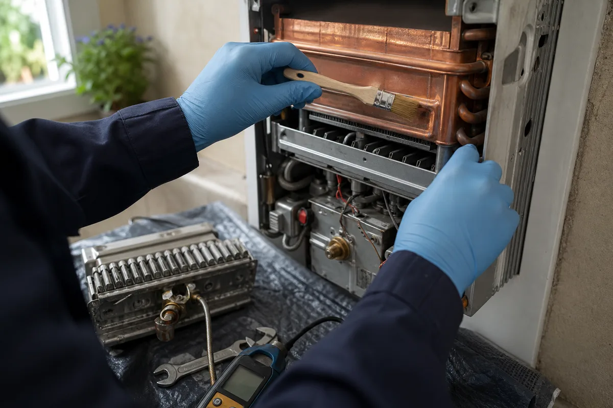 Mains gantées nettoyant le corps de chauffe d&rsquo;une chaudière murale au gaz ouverte