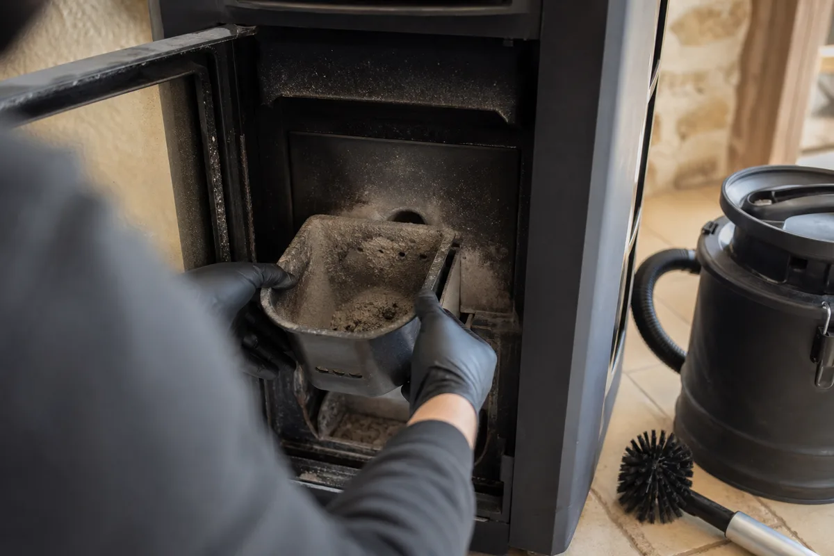 Mains gantées d&rsquo;un technicien nettoyant le creuset et le corps de chauffe d&rsquo;un poêle à granulés