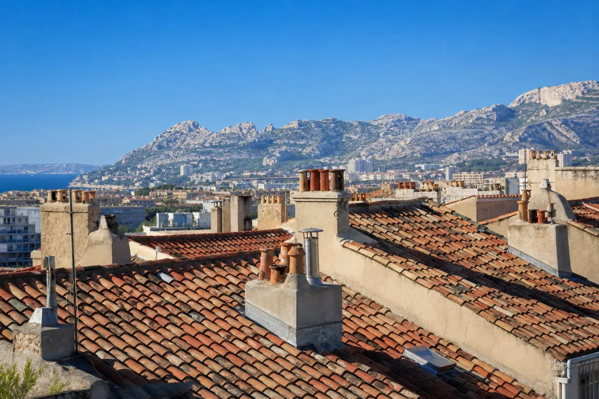 Toits de tuiles romanes et souches de cheminée maçonnées au-dessus des quartiers de Marseille