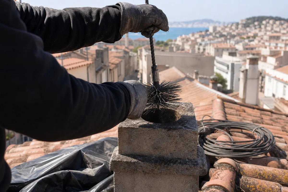 Toits de tuiles romanes et souches de cheminées d&rsquo;un quartier marseillais au petit matin