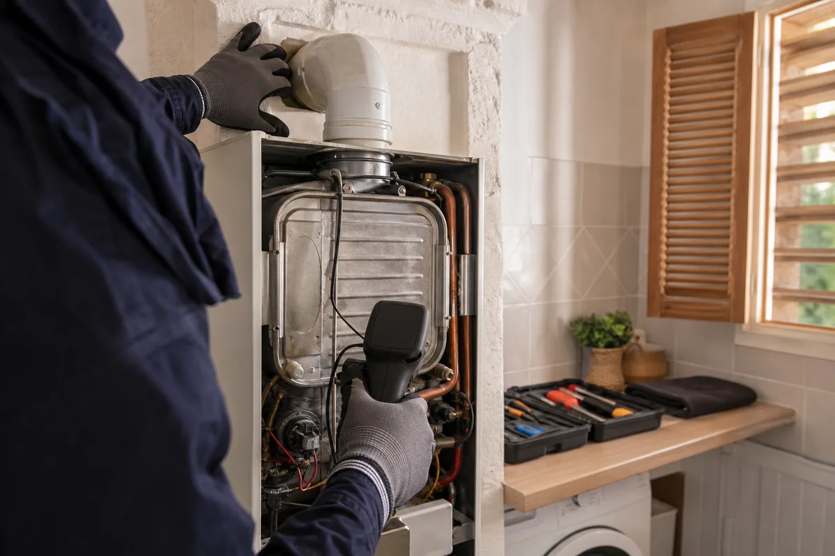 Mains gantées d&rsquo;un technicien contrôlant une chaudière murale au gaz dans une buanderie provençale
